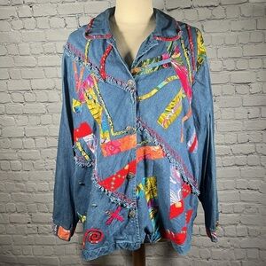 Spirit by Sandy Starkman Denim Embroidered Patchwork Shacket Jacket 2X Women's